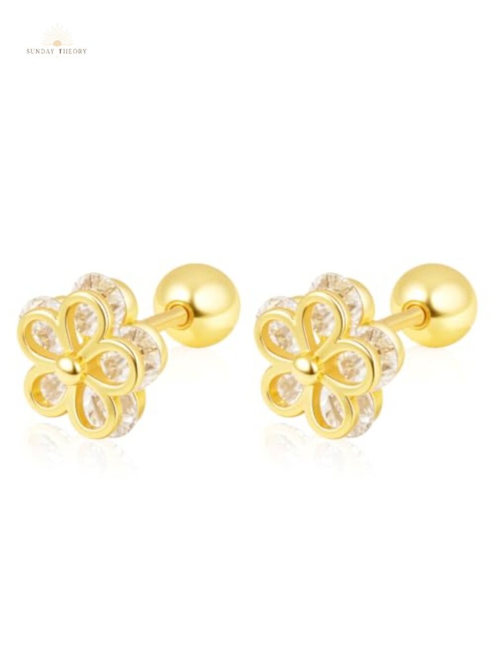 18K Gold Plated Sterling Silver CZ Screw Back Flower Stud Earrings for Women